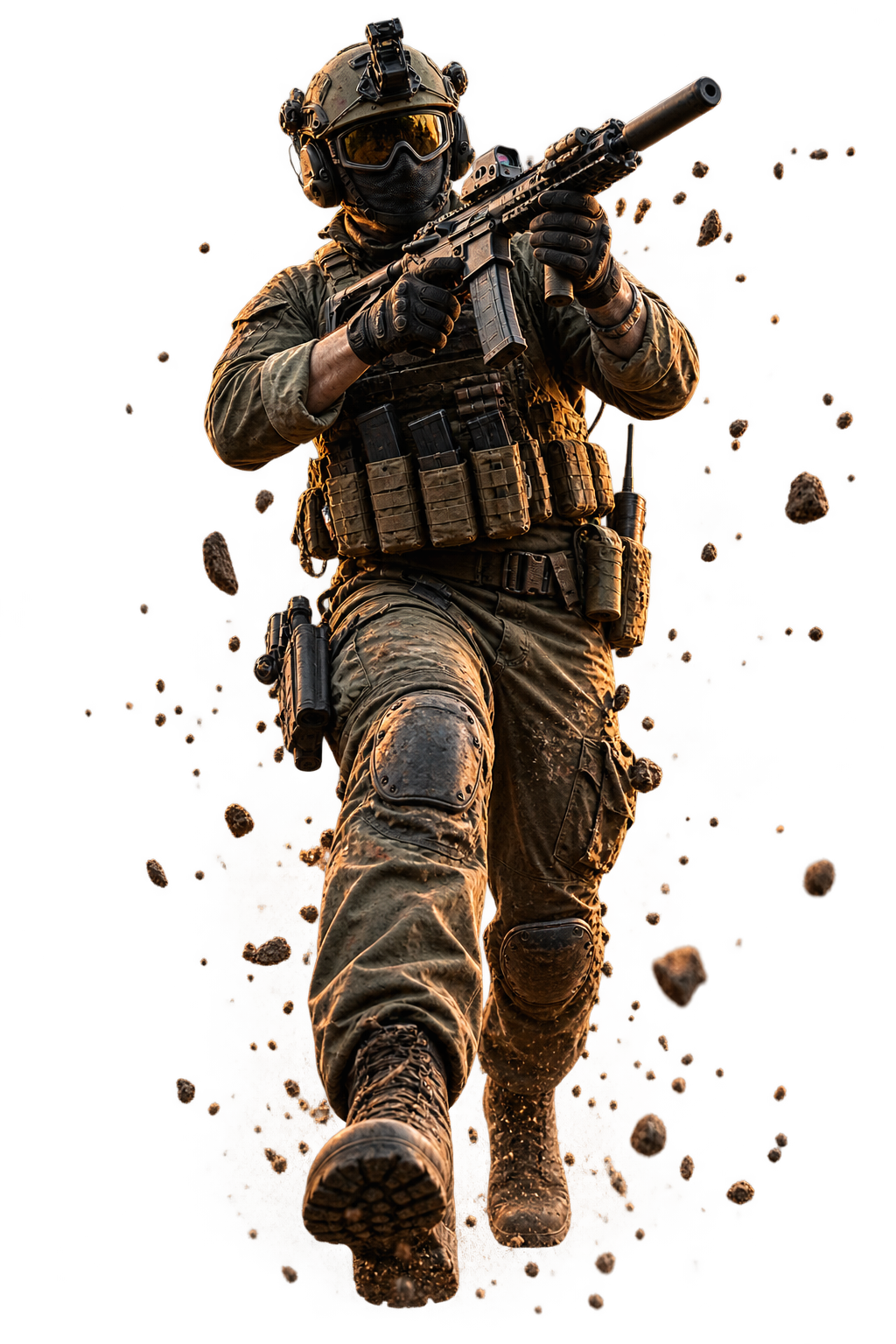 Low-angle view of an airsoft operator in full protective kit moving forward through airborne dirt and debris.